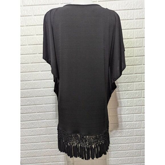 Dotti Women's Black Crew Neck Fringe Bottom Bat Sleeve Tunic Blouse Size Small - Picture 4 of 6